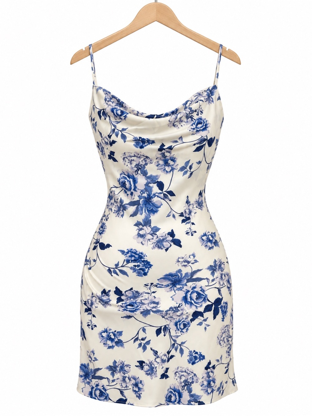 Urban Outfitters Blue White Rose Floral Cowl Neck Satin Slip Mini Dress XS sexy